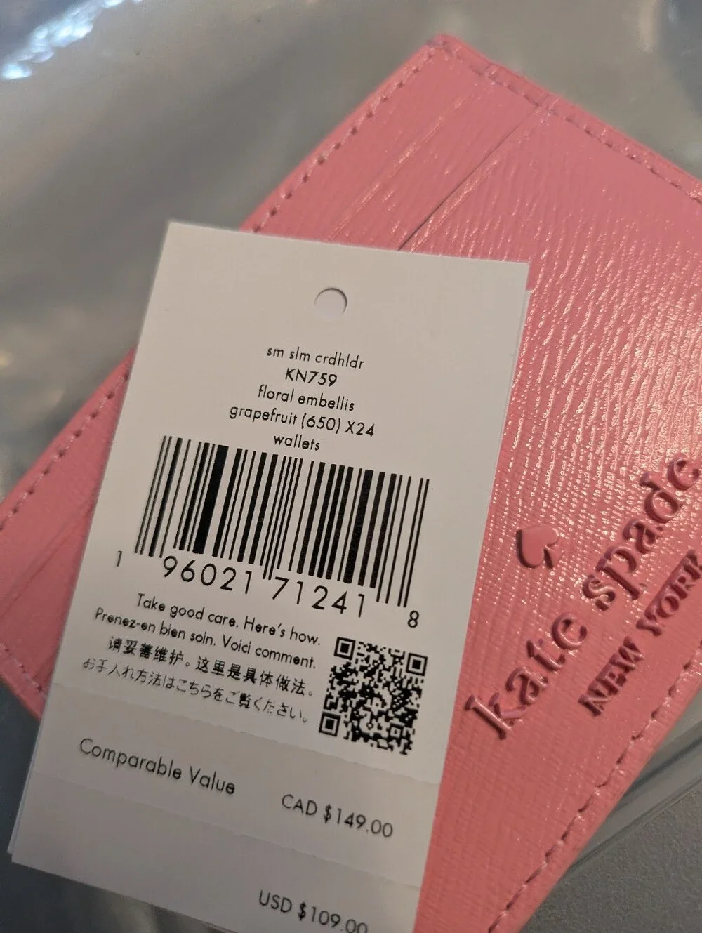 Kate Spade New Slim Card Holder Pink Floral Embellished Grapefruit
